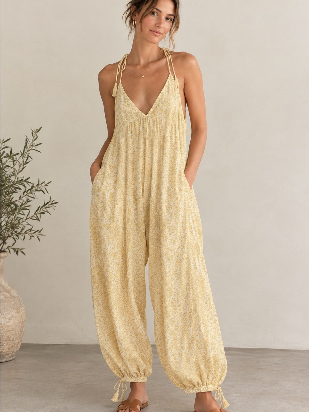 NWT Light Yellow Printed Tie-Strap Jumpsuit